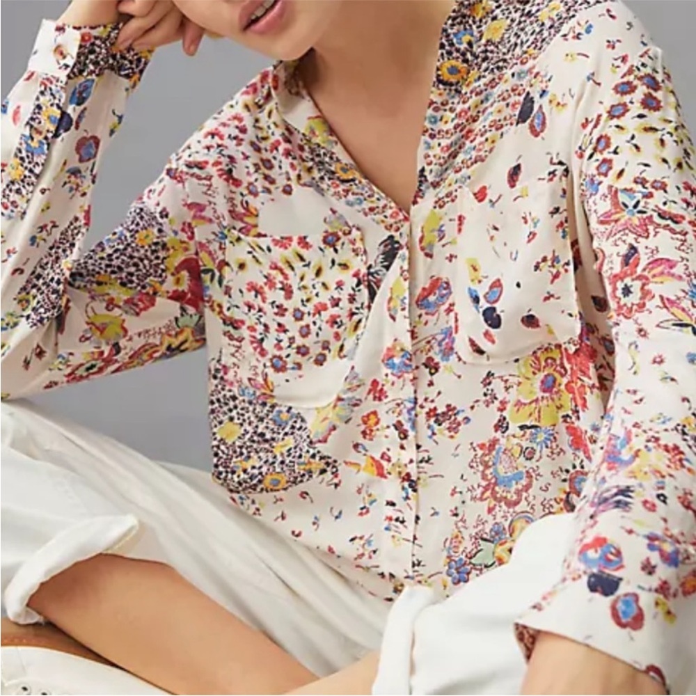 Pilcro Anthropologie The Romy Relaxed Shirt Cream Floral Print Button Front Top - Picture 10 of 10